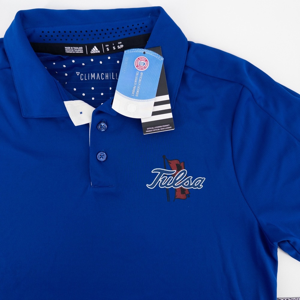 NWT Adidas University of Tulsa Mens Small Polo Shirt Blue‎ Climachill Athletic